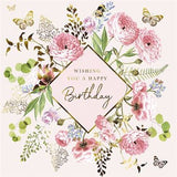 Pink blooms with gold butterflies  - Birthday card
