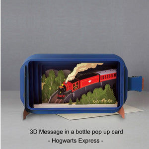 This fabulous pop-up greetings card is made of multiple layers of laser cut card to create a wonderful 3d image of the iconic red Hogwarts express. The steam train is shown chugging through the countryside.