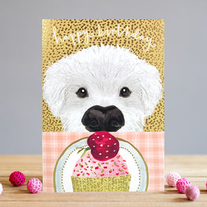 This fun and bright Louise Tiler birthday card features a white pup peering over the edge of a table at a beautiful cupcake - topped with pink icing, sprinkles and a cherry! White text on the front of the card reads "happy birthday".