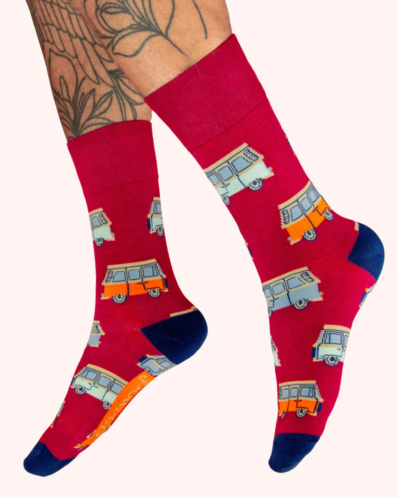 Vintage Campervan in tomato mens socks - Powder UK