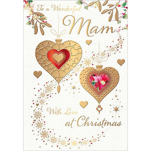 This elegant Christmas card for a special Mam is decorated with two golden heart christmas tree baubles surrounded by a swirl of golden stars and snowflakes.

Gold text on the front of this Christmas card reads "To a Wonderful Mam...with love at Christmas".