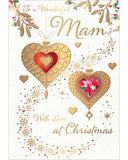 This elegant Christmas card for a special Mam is decorated with two golden heart christmas tree baubles surrounded by a swirl of golden stars and snowflakes.

Gold text on the front of this Christmas card reads "To a Wonderful Mam...with love at Christmas".