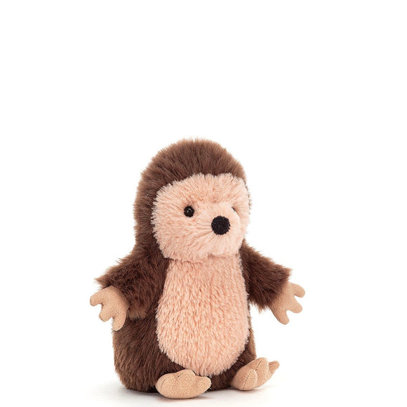Jellycat's sweet little nippit Hedgehog has just woken up, and can't wait to ramble round the garden! This stocky scamp has a tousled tuxedo of soft cocoa spines and nougat fur. With suedey paws and shiny eyes, this hoglet's all set for a snuffly adventure!