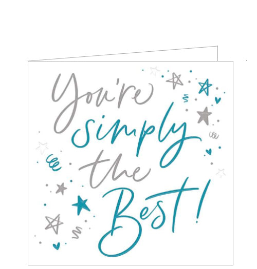 This small white card is perfect for so many occasions, from thank yous to congratulations and sending positive vibes. The card is decorated with electric blue and silver text that reads 