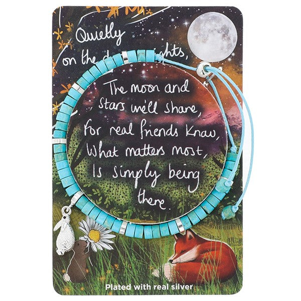 Official Fox under the moon turquoise bead and silver plate bracelet on a card withsrtwork and heartfelt message by Stacey McNeill