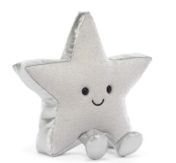A official Jellycat (jelly cat) Christmas 2026 Amuseables Silver star cute plush cuddly toy in silver with smiling face and legs