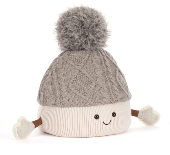 A official Jellycat (jelly cat) Christmas 2026 Amuseables Pomilly cute pom-pom woolly hat plush cuddly toy in grey and white with smiing face and outstretched arms