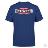 The back of this tshirt features a retro red, white and black sign that reads "Aged to Perfection...Old Guys Rule". The front of the t-shirt has a the same design smaller over the left breast.