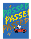 Celebrate the exciting milestone of passing a driving test with this fun-filled Snoopy congratulations card! Featuring the beloved Peanuts character Snoopy behind the wheel of a small red car, this cheerful design captures the joy and freedom of hitting the road for the first time.&nbsp;Set against a bright blue background, colourful text bursts with excitement, reading "PASSED PASSED PASSED".