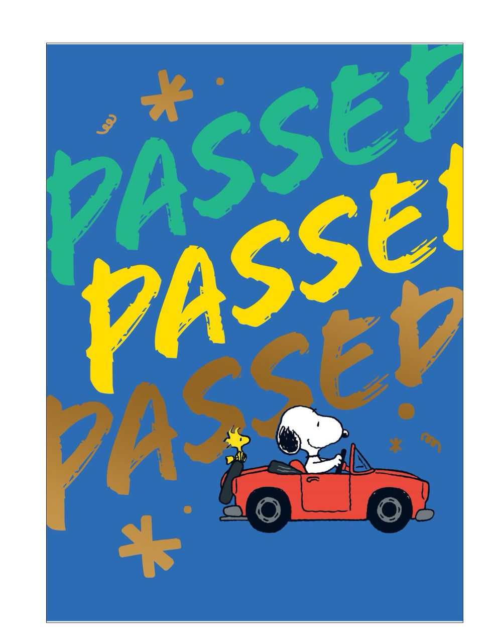 Celebrate the exciting milestone of passing a driving test with this fun-filled Snoopy congratulations card! Featuring the beloved Peanuts character Snoopy behind the wheel of a small red car, this cheerful design captures the joy and freedom of hitting the road for the first time.&nbsp;Set against a bright blue background, colourful text bursts with excitement, reading "PASSED PASSED PASSED".