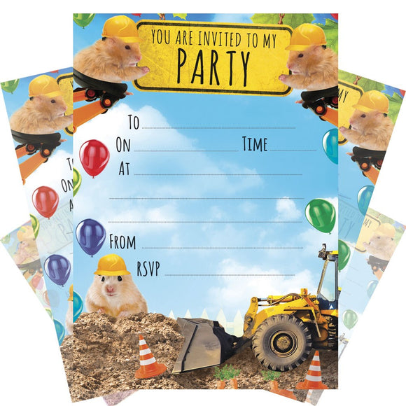 Perfect for children's birthday parties, this pack of 20 party invitations is decorated with a photographic style image of cute hamsters in hard hats peering over piles of construction sand and sitting in the buckets of diggers. Two hamsters hold up a yellow warning sign that reads 