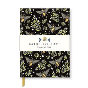 This beautiful password book from hardback book is covered, front and back, with illustrations by Catherine Rowe showing bees and foliage against a black background.