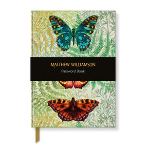 This beautiful password book from hardback book is covered, front and back, with illustrations by Matthew Williamson showing a trio of butterflies against a background of green ferns.