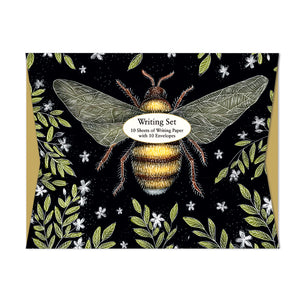 Each writing set comes beautifully packaged in a envelope style wallet decorated with detail from Catherine Rowe's scraperboard etching of a honey bee surrounded by green foliage and tiny flowers.