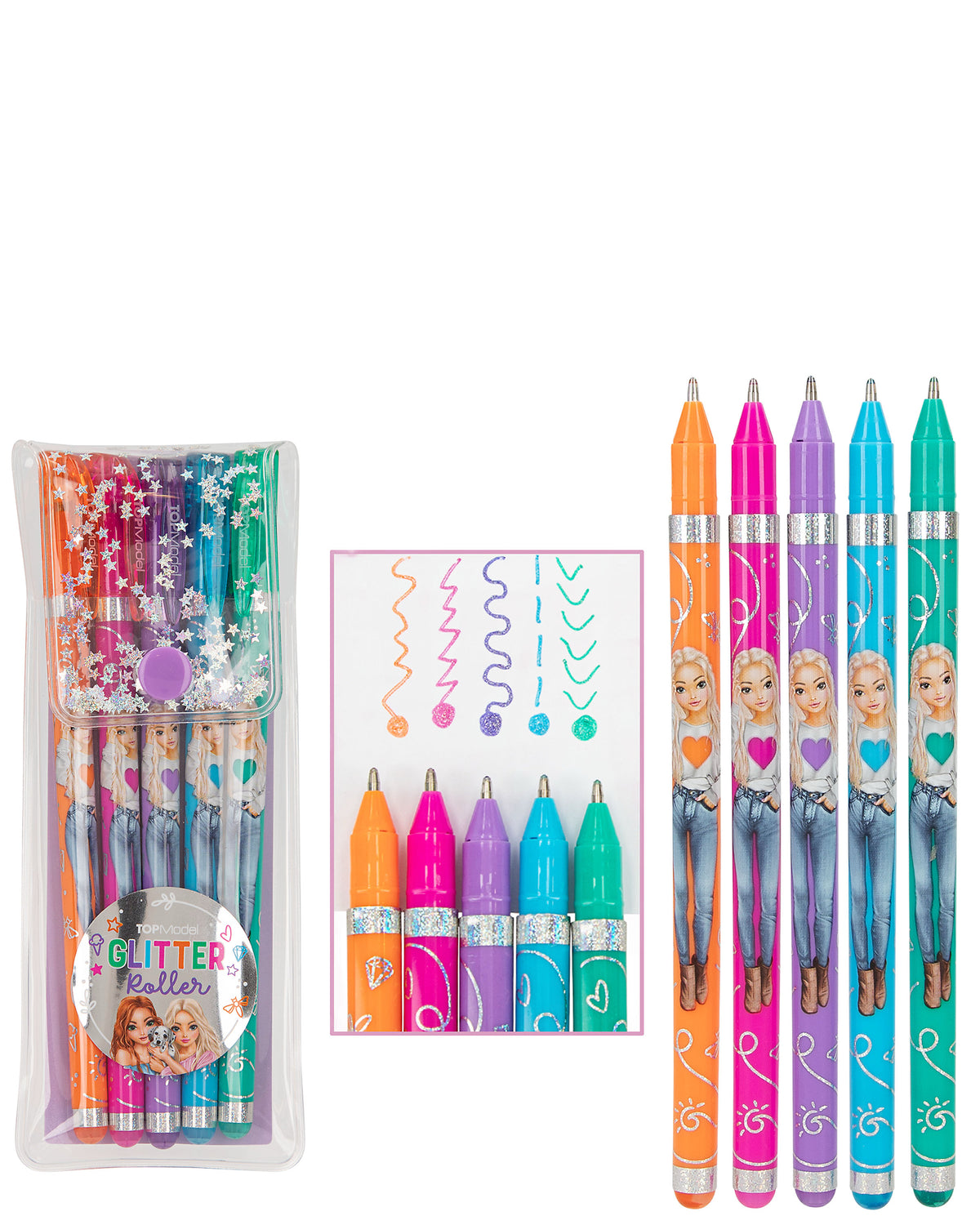 Pack of 5 TopModel by Depesche glitter gel pens. Pens come in a silver holo confetti covered carry case secured with a purple fastener. The five pens are orange, pink, purple, blue and green. Each pen is decorated with a member of the Top Model gang.