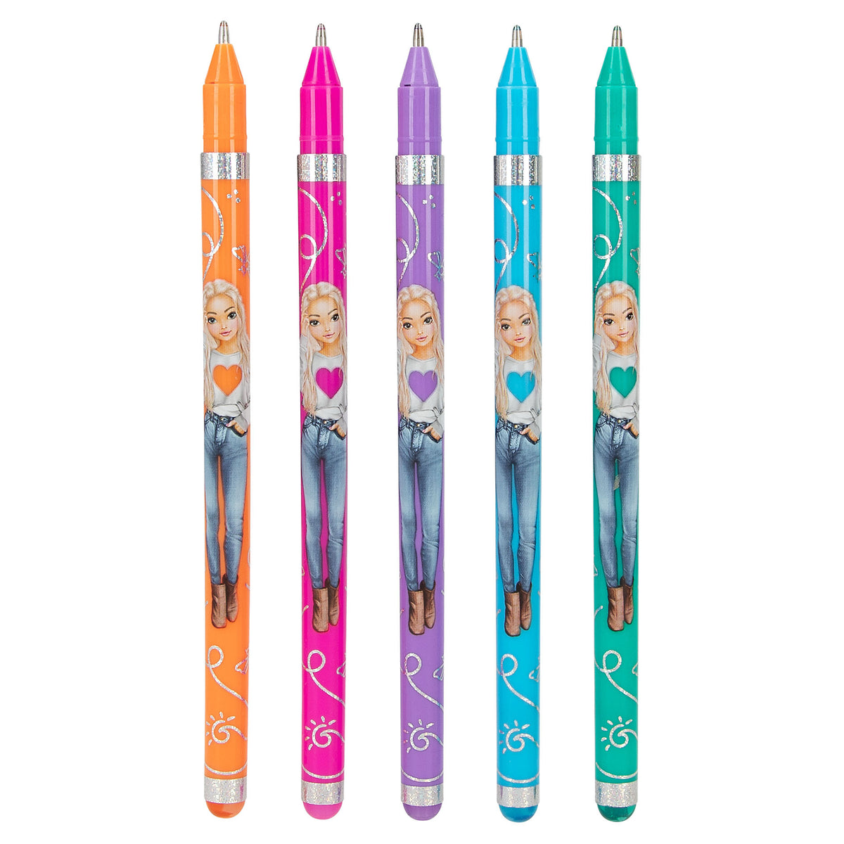 Pack of 5 TopModel by Depesche glitter gel pens. Pens come in a silver holo confetti covered carry case secured with a purple fastener. The five pens are orange, pink, purple, blue and green. Each pen is decorated with a member of the Top Model gang.