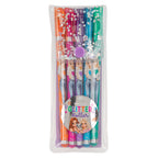 Pack of 5 TopModel by Depesche glitter gel pens. Pens come in a silver holo confetti covered carry case secured with a purple fastener. The five pens are orange, pink, purple, blue and green. Each pen is decorated with a member of the Top Model gang.