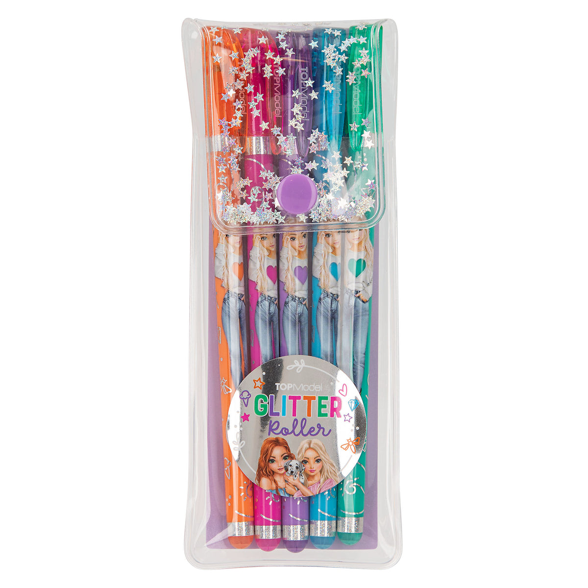 Pack of 5 TopModel by Depesche glitter gel pens. Pens come in a silver holo confetti covered carry case secured with a purple fastener. The five pens are orange, pink, purple, blue and green. Each pen is decorated with a member of the Top Model gang.
