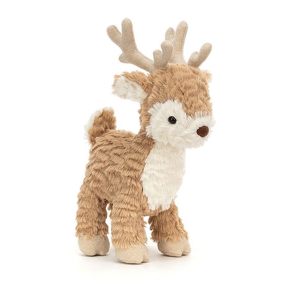 Jellycat's Mitzi Reindeer is a scrumptious flurry of butterscotch and caramel fur! This adorable reindeer is gently tousled, with sparkly antlers, cloven hooves, a tiny leaf tail and sweet fold ears. Mitzi stands proud, lost in a daydream of one day joining Santa's team!
