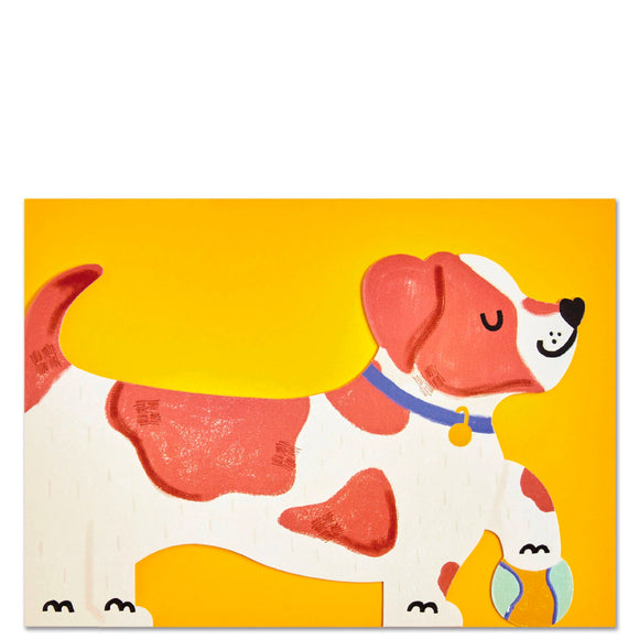 This adorable and unusual blank greetings card is cut into the shape of a jack russell dog, complete with one paw resting on a ball and wearing a smart collar. This card is blank inside so can be used for any occasion.