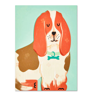 This adorable and unusual blank greetings card is cut into the shape of a lovely basset hound dog, complete with droopy ears and a smart collar. This card is blank inside so can be used for any occasion.