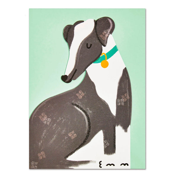 This adorable and unusual blank greetings card is cut into the shape of a smart grey and white whippet dog, complete with a smart collar. This card is blank inside so can be used for any occasion.