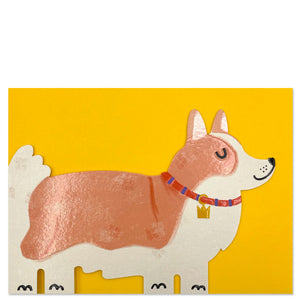 This adorable and unusual blank greetings card is cut into the shape of a regal corgi dog, complete with a tiny crown on its blue and red collar. This card is blank inside so can be used for any occasion.