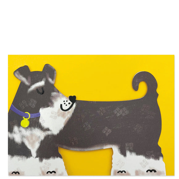 This adorable and unusual blank greetings card is cut into the shape of a lovely schnauzer dog, complete with a smart red collar and heart-shaped nose. This card is blank inside so can be used for any occasion.