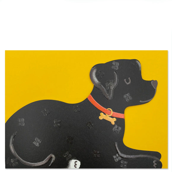 This adorable and unusual blank greetings card is cut into the shape of a lovely black labrador dog, complete with a smart red collar and heart-shaped nose. This card is blank inside so can be used for any occasion.