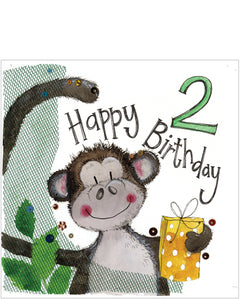 This 2nd Birthday card is decorated with a cheeky looking monkey holding a birthday present. The text on the front of this birthday card reads "2...Happy Birthday".