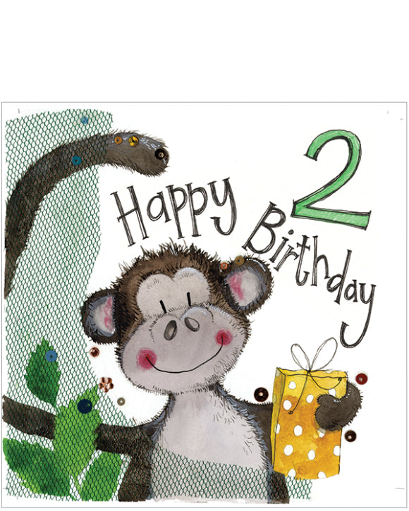 This 2nd Birthday card is decorated with a cheeky looking monkey holding a birthday present. The text on the front of this birthday card reads 