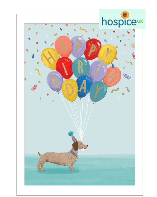 Dachshund with balloon - Hospice UK Birthday card