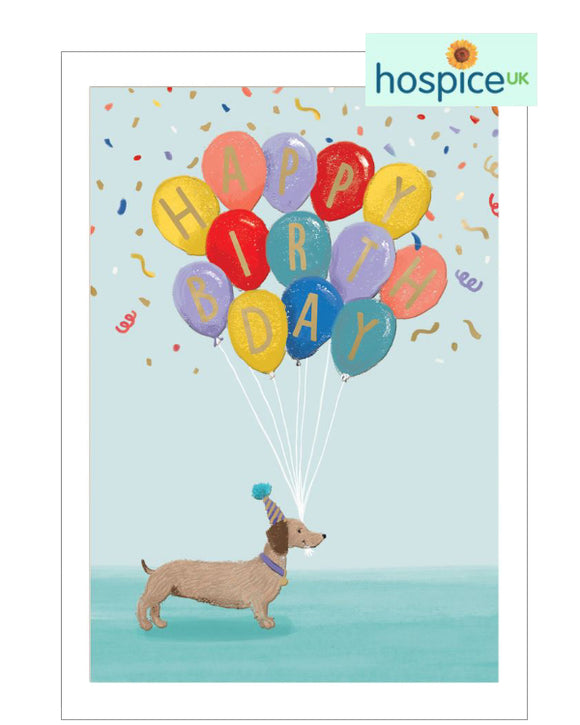 Dachshund with balloon - Hospice UK Birthday card