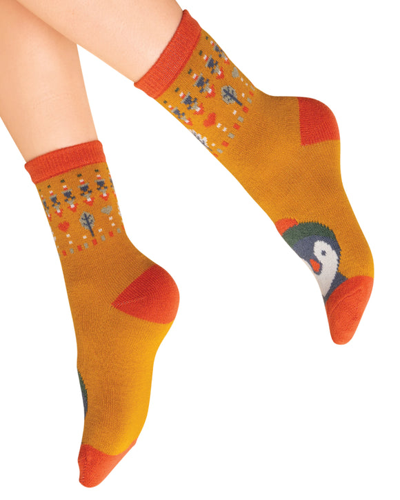 Penguins in mustard ladies ankle socks - Powder UK