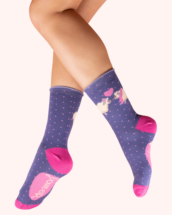 Sheep in indigo ladies ankle socks - Powder UK