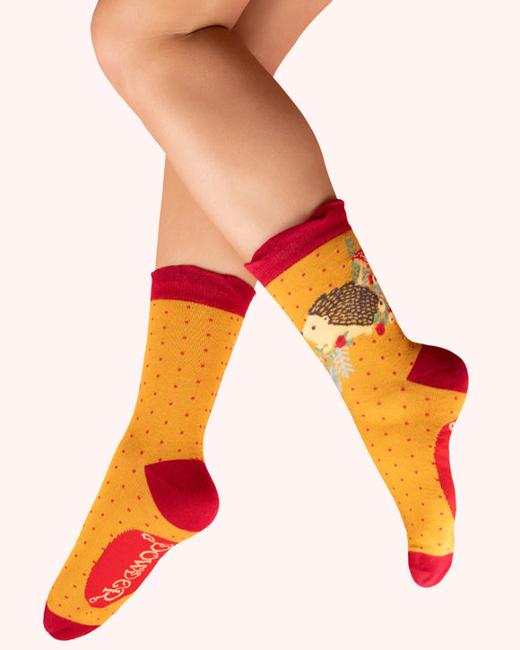 Hedgehogs/mustard ladies ankle socks - Powder UK