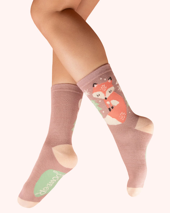 Foxes in mocha ladies ankle socks - Powder UK