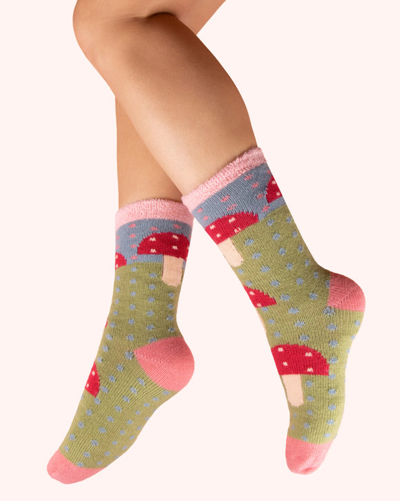 Toadstools in sage ladies cosy socks - Powder UK
