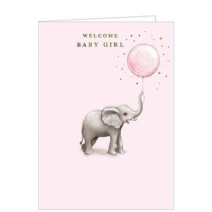 Sweet and simple, this new baby greetings card is decorated with an illustration by Cecilia Blanco of a baby elephant holding a pink umbrella in her trunk. Gold text on the front of the card reads "Welcome Baby Girl".