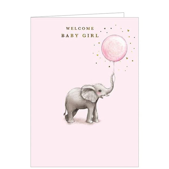Sweet and simple, this new baby greetings card is decorated with an illustration by Cecilia Blanco of a baby elephant holding a pink umbrella in her trunk. Gold text on the front of the card reads 