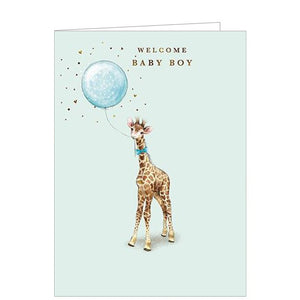 Sweet and simple, this new baby greetings card is decorated with an illustration by Cecilia Blanco of a baby giraffe holding at he ribbon of a blue balloon in his mouth. Gold text on the front of the card reads "Welcome Baby Boy".