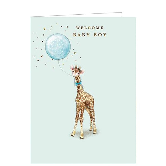 Sweet and simple, this new baby greetings card is decorated with an illustration by Cecilia Blanco of a baby giraffe holding at he ribbon of a blue balloon in his mouth. Gold text on the front of the card reads 