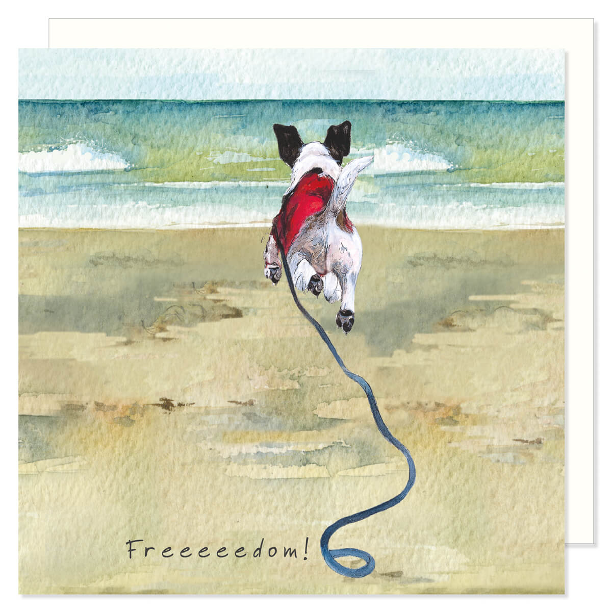 Funny and cute greetings card showing a jack russell terrier dog bounding across a beach in a red coat