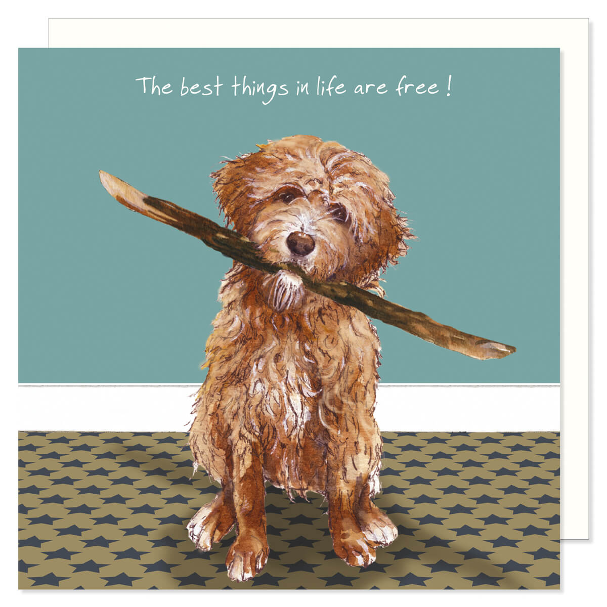A cute and funny card showing a goldendoodle dog holsing a alrge stick in its mouth