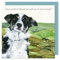 A cute and funny card of a short haired border collie dog in front of a field of sheep