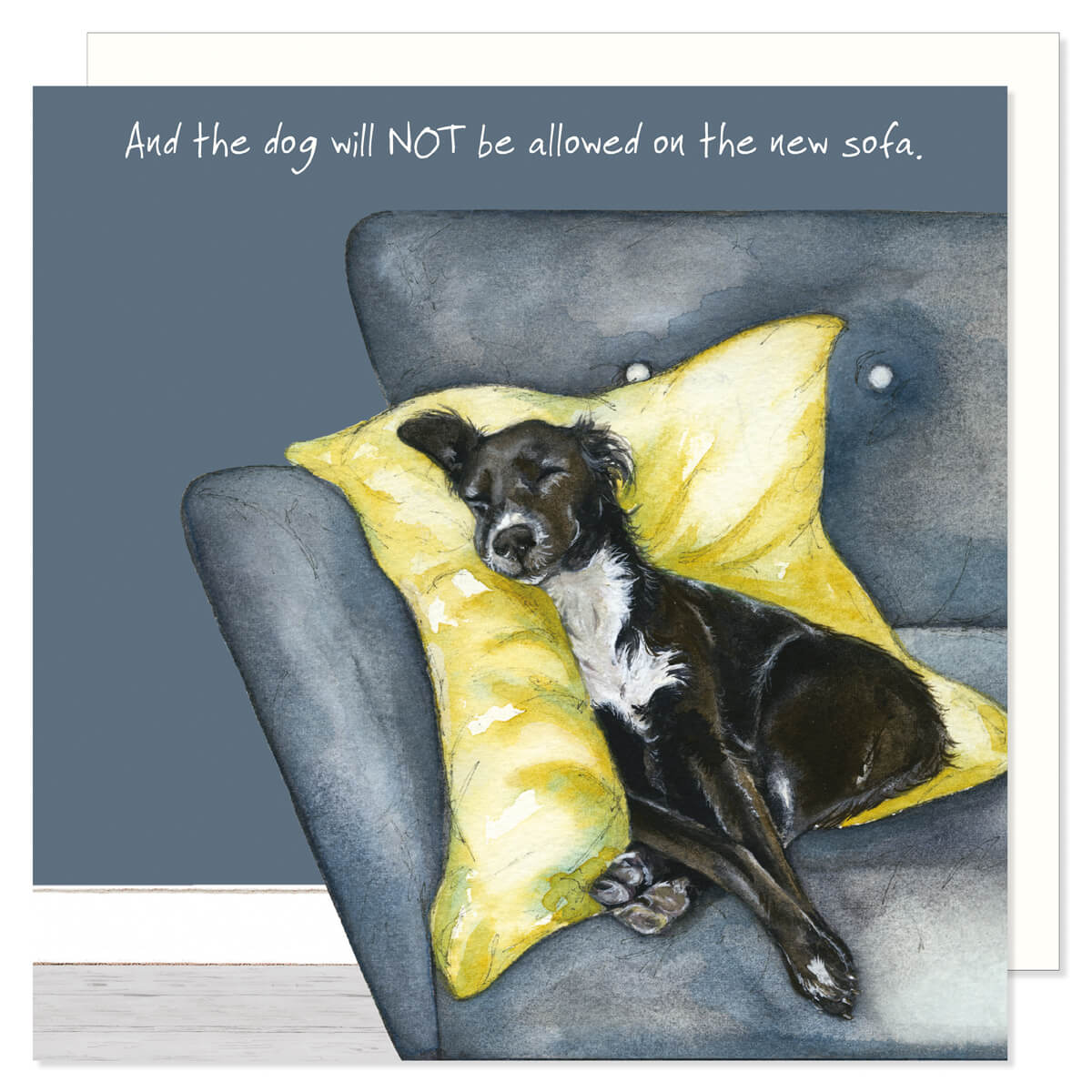 A cute and funny greetings card showing a black spaniel asleep on a sofa propped up with a cushion