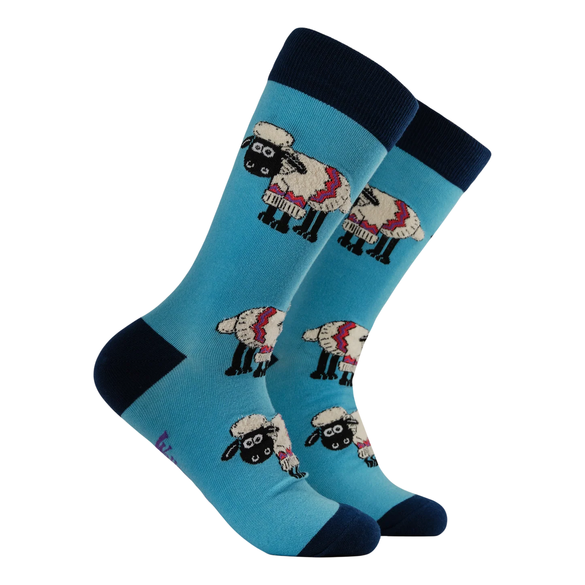 Official Shaun the sheep socks from Socktopus. Bright blue socks featuring Shaun the sheep in a woolly coat with darker blue toes and heels