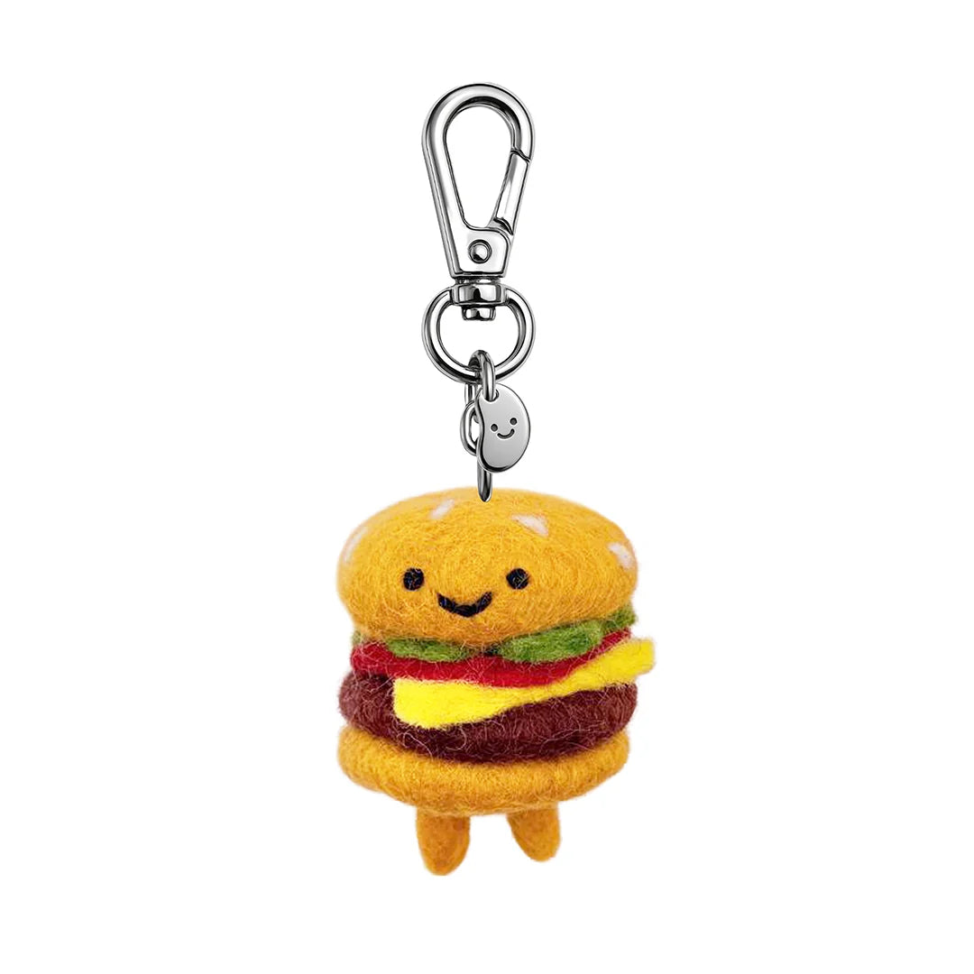 Soft and sweet, 100% wool, keychain in the shape of a beef burger with a smiling face and little legs