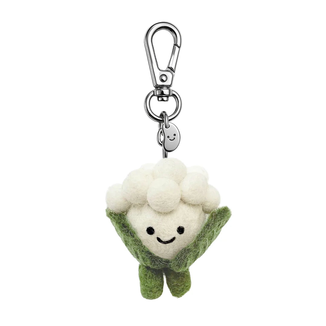 Silly Beans, soft and sweet 100% wool, Carl the head of white cauliflower in green leaves keychain