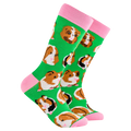 Bright green adult crew socks from Socktopus with pink toes and heels featuring brown and white smirked Guinea-pigs